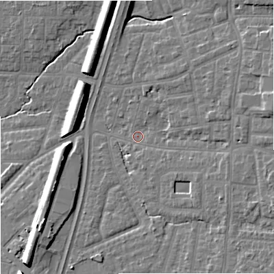 Shaded relief map of the ground around M192NE, computed from Environment Agency LiDAR. The ground here sits at about 43 m above sea level and falls 12 m across the surrounding 800 m. Surface water reaching this point runs off ground lying to the east-north-east, 8.1 m higher.