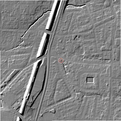 Shaded relief map of the ground around M192NF, computed from Environment Agency LiDAR. The ground here sits at about 43 m above sea level and falls 13 m across the surrounding 800 m. Surface water reaching this point runs off ground lying to the south-east, 6.7 m higher.