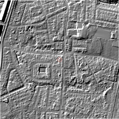 Shaded relief map of the ground around M192NG, computed from Environment Agency LiDAR. The ground here sits at about 47 m above sea level and falls 11 m across the surrounding 800 m. Surface water reaching this point runs off ground lying to the east-south-east, 2.4 m higher.