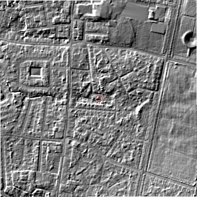Shaded relief map of the ground around M192NH, computed from Environment Agency LiDAR. The ground here sits at about 48 m above sea level and falls 13 m across the surrounding 800 m. Surface water reaching this point runs off ground lying to the south-east, 7.6 m higher.