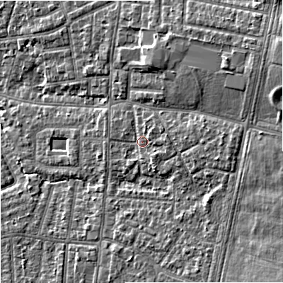 Shaded relief map of the ground around M192NQ, computed from Environment Agency LiDAR. The ground here sits at about 48 m above sea level and falls 11 m across the surrounding 800 m. Surface water reaching this point runs off ground lying to the east, 2.2 m higher.