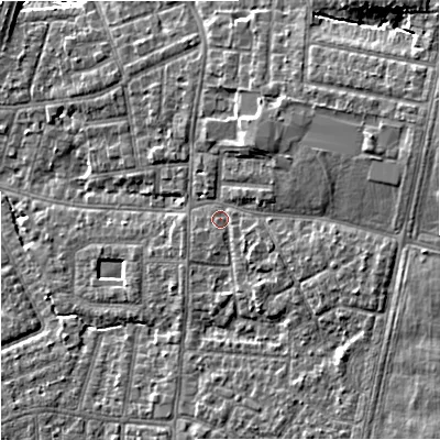 Shaded relief map of the ground around M192NU, computed from Environment Agency LiDAR. The ground here sits at about 48 m above sea level and falls 11 m across the surrounding 800 m. Surface water reaching this point runs off ground lying to the east-north-east, 5.4 m higher.