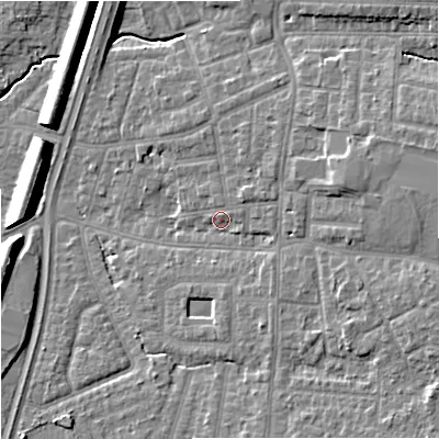 Shaded relief map of the ground around M192NW, computed from Environment Agency LiDAR. The ground here sits at about 46 m above sea level and falls 11 m across the surrounding 800 m. Surface water reaching this point runs off ground lying to the east-north-east, 2.6 m higher.