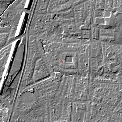 Shaded relief map of the ground around M192NY, computed from Environment Agency LiDAR. The ground here sits at about 45 m above sea level and falls 12 m across the surrounding 800 m. Surface water reaching this point runs off ground lying to the east, 2.4 m higher.