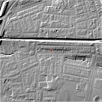 Shaded relief map of the ground around M192PR, computed from Environment Agency LiDAR. The ground here sits at about 47 m above sea level and falls 15 m across the surrounding 800 m. Surface water reaching this point runs off ground lying to the east, 8.2 m higher.