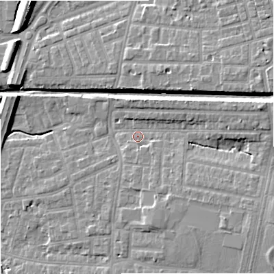 Shaded relief map of the ground around M192PT, computed from Environment Agency LiDAR. The ground here sits at about 47 m above sea level and falls 13 m across the surrounding 800 m. Surface water reaching this point runs off ground lying to the east-north-east, 8.2 m higher.