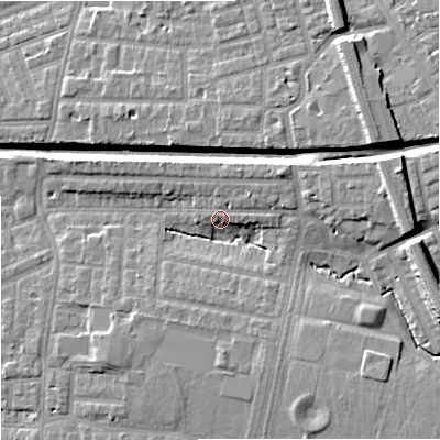 Shaded relief map of the ground around M192PX, computed from Environment Agency LiDAR. The ground here sits at about 51 m above sea level and falls 16 m across the surrounding 800 m. Surface water reaching this point runs off ground lying to the east-north-east, 12.3 m higher.
