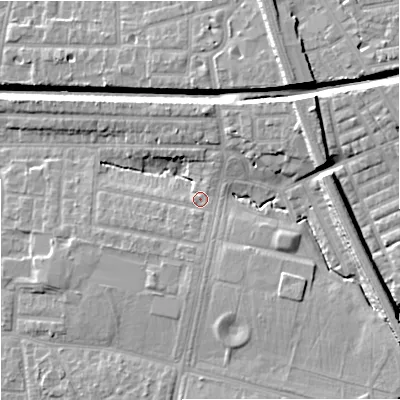 Shaded relief map of the ground around M192QH, computed from Environment Agency LiDAR. The ground here sits at about 51 m above sea level and falls 16 m across the surrounding 800 m. Surface water reaching this point runs off ground lying to the east-south-east, 10.7 m higher.