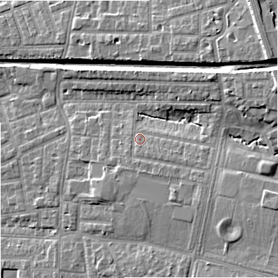 Shaded relief map of the ground around M192QL, computed from Environment Agency LiDAR. The ground here sits at about 50 m above sea level and falls 15 m across the surrounding 800 m. Surface water reaching this point runs off ground lying to the south-east, 3.3 m higher.
