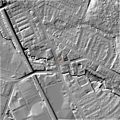 Shaded relief map of the ground around M192RE, computed from Environment Agency LiDAR. The ground here sits at about 58 m above sea level and falls 16 m across the surrounding 800 m. Surface water reaching this point runs off ground lying to the east-north-east, 3.9 m higher.