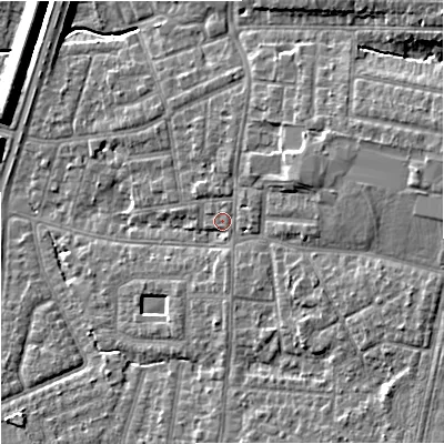 Shaded relief map of the ground around M192WL, computed from Environment Agency LiDAR. The ground here sits at about 47 m above sea level and falls 12 m across the surrounding 800 m. Surface water reaching this point runs off ground lying to the east-north-east, 1.2 m higher.