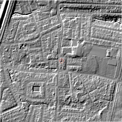 Shaded relief map of the ground around M192WN, computed from Environment Agency LiDAR. The ground here sits at about 48 m above sea level and falls 12 m across the surrounding 800 m. Surface water reaching this point runs off ground lying to the east, 5.6 m higher.