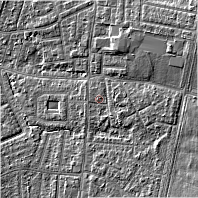 Shaded relief map of the ground around M192WP, computed from Environment Agency LiDAR. The ground here sits at about 48 m above sea level and falls 11 m across the surrounding 800 m. Surface water reaching this point runs off ground lying to the east, 2.3 m higher.