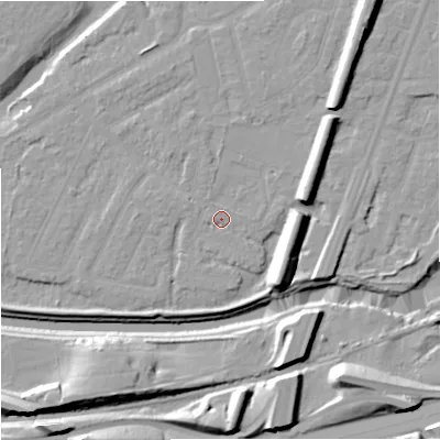 Shaded relief map of the ground around M200QB, computed from Environment Agency LiDAR. The ground here sits at about 33 m above sea level and falls 17 m across the surrounding 800 m. Surface water reaching this point runs off ground lying to the south-east, 9.2 m higher.
