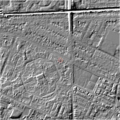 Shaded relief map of the ground around M201AA, computed from Environment Agency LiDAR. The ground here sits at about 34 m above sea level and falls 7 m across the surrounding 800 m. Surface water reaching this point runs off ground lying to the south, 3.9 m higher.