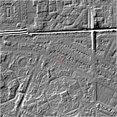 Shaded relief map of the ground around M201AD, computed from Environment Agency LiDAR. The ground here sits at about 33 m above sea level and falls 8 m across the surrounding 800 m. Surface water reaching this point runs off ground lying to the south-south-east, 4.0 m higher.