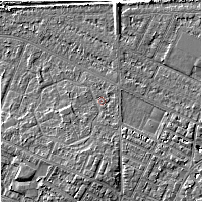 Shaded relief map of the ground around M201AE, computed from Environment Agency LiDAR. The ground here sits at about 34 m above sea level and falls 7 m across the surrounding 800 m. Surface water reaching this point runs off ground lying to the south, 3.5 m higher.