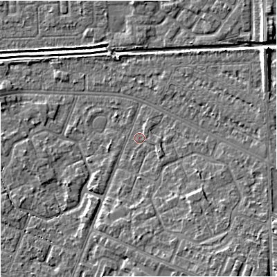 Shaded relief map of the ground around M201AG, computed from Environment Agency LiDAR. The ground here sits at about 32 m above sea level and falls 8 m across the surrounding 800 m. Surface water reaching this point runs off ground lying to the south-east, 4.5 m higher.