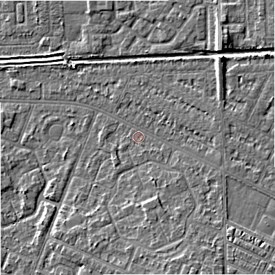 Shaded relief map of the ground around M201AH, computed from Environment Agency LiDAR. The ground here sits at about 33 m above sea level and falls 8 m across the surrounding 800 m. Surface water reaching this point runs off ground lying to the south-south-east, 4.5 m higher.