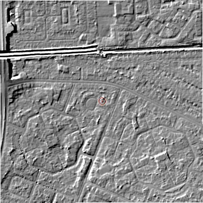 Shaded relief map of the ground around M201AQ, computed from Environment Agency LiDAR. The ground here sits at about 32 m above sea level and falls 7 m across the surrounding 800 m. Surface water reaching this point runs off ground lying to the south, 1.1 m higher.