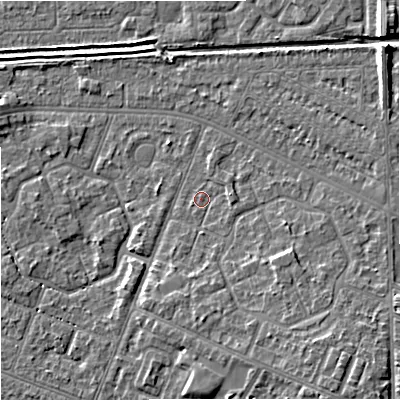 Shaded relief map of the ground around M201AR, computed from Environment Agency LiDAR. The ground here sits at about 33 m above sea level and falls 8 m across the surrounding 800 m. Surface water reaching this point runs off ground lying to the south-east, 4.9 m higher.
