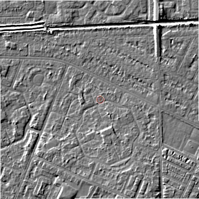 Shaded relief map of the ground around M201AS, computed from Environment Agency LiDAR. The ground here sits at about 33 m above sea level and falls 8 m across the surrounding 800 m. Surface water reaching this point runs off ground lying to the south-south-east, 2.5 m higher.