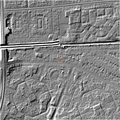 Shaded relief map of the ground around M201BA, computed from Environment Agency LiDAR. The ground here sits at about 32 m above sea level and falls 7 m across the surrounding 800 m. Surface water reaching this point runs off ground lying to the south-east, 3.8 m higher.