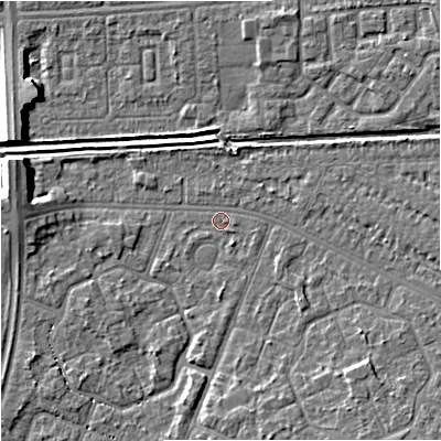 Shaded relief map of the ground around M201BB, computed from Environment Agency LiDAR. The ground here sits at about 32 m above sea level and falls 7 m across the surrounding 800 m. Surface water reaching this point runs off ground lying to the south-east, 4.1 m higher.