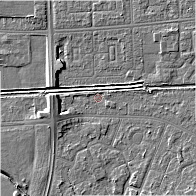 Shaded relief map of the ground around M201BD, computed from Environment Agency LiDAR. The ground here sits at about 31 m above sea level and falls 8 m across the surrounding 800 m. Surface water reaching this point runs off ground lying to the west, 5.6 m higher.