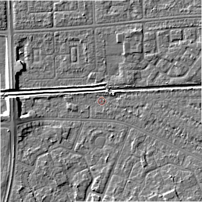 Shaded relief map of the ground around M201BF, computed from Environment Agency LiDAR. The ground here sits at about 32 m above sea level and falls 7 m across the surrounding 800 m. Surface water reaching this point runs off ground lying to the south-east, 3.8 m higher.