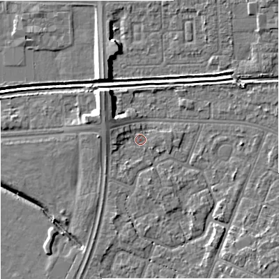 Shaded relief map of the ground around M201BG, computed from Environment Agency LiDAR. The ground here sits at about 32 m above sea level and falls 9 m across the surrounding 800 m. Surface water reaching this point runs off ground lying to the south-east, 4.1 m higher.