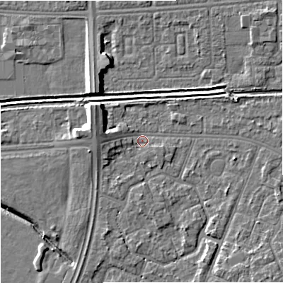 Shaded relief map of the ground around M201BJ, computed from Environment Agency LiDAR. The ground here sits at about 32 m above sea level and falls 9 m across the surrounding 800 m. Surface water reaching this point runs off ground lying to the north-west, 5.5 m higher.