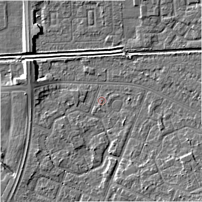 Shaded relief map of the ground around M201BL, computed from Environment Agency LiDAR. The ground here sits at about 32 m above sea level and falls 8 m across the surrounding 800 m. Surface water reaching this point runs off ground lying to the south-east, 4.6 m higher.