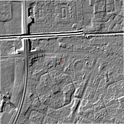 Shaded relief map of the ground around M201BQ, computed from Environment Agency LiDAR. The ground here sits at about 32 m above sea level and falls 8 m across the surrounding 800 m. Surface water reaching this point runs off ground lying to the south-south-east, 4.2 m higher.