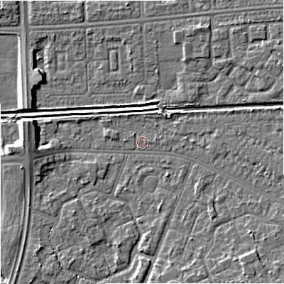 Shaded relief map of the ground around M201BY, computed from Environment Agency LiDAR. The ground here sits at about 32 m above sea level and falls 8 m across the surrounding 800 m. Surface water reaching this point runs off ground lying to the south-east, 3.8 m higher.