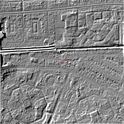 Shaded relief map of the ground around M201BZ, computed from Environment Agency LiDAR. The ground here sits at about 32 m above sea level and falls 6 m across the surrounding 800 m. Surface water reaching this point runs off ground lying to the east-south-east, 2.2 m higher.