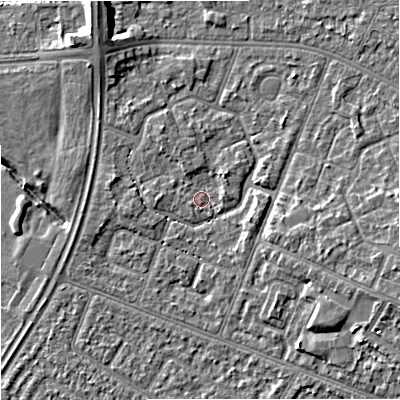 Shaded relief map of the ground around M201DT, computed from Environment Agency LiDAR. The ground here sits at about 32 m above sea level and falls 8 m across the surrounding 800 m. Surface water reaching this point runs off ground lying to the north-east, 1.5 m higher.