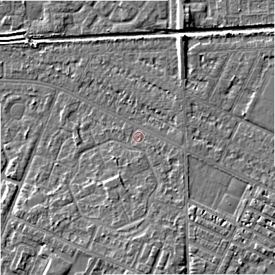 Shaded relief map of the ground around M201GA, computed from Environment Agency LiDAR. The ground here sits at about 33 m above sea level and falls 8 m across the surrounding 800 m. Surface water reaching this point runs off ground lying to the south-south-east, 4.2 m higher.