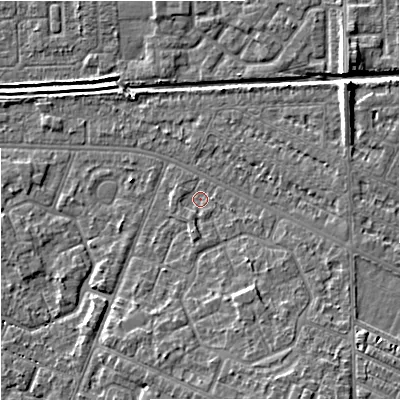 Shaded relief map of the ground around M201GD, computed from Environment Agency LiDAR. The ground here sits at about 32 m above sea level and falls 8 m across the surrounding 800 m. Surface water reaching this point runs off ground lying to the south-south-east, 3.1 m higher.