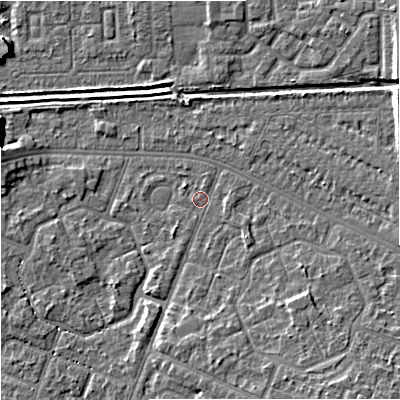 Shaded relief map of the ground around M201GJ, computed from Environment Agency LiDAR. The ground here sits at about 32 m above sea level and falls 8 m across the surrounding 800 m. Surface water reaching this point runs off ground lying to the south-east, 4.6 m higher.