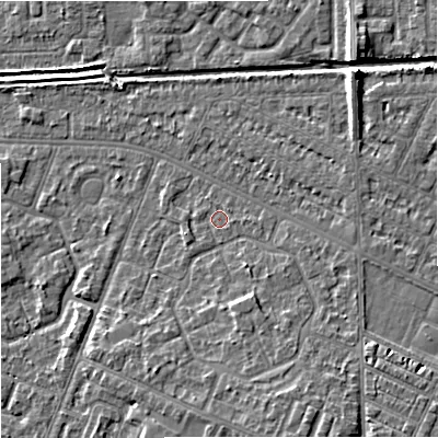 Shaded relief map of the ground around M201GP, computed from Environment Agency LiDAR. The ground here sits at about 33 m above sea level and falls 8 m across the surrounding 800 m. Surface water reaching this point runs off ground lying to the south-south-east, 2.7 m higher.