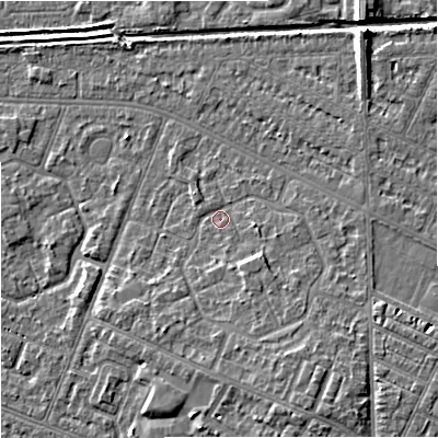 Shaded relief map of the ground around M201GR, computed from Environment Agency LiDAR. The ground here sits at about 33 m above sea level and falls 8 m across the surrounding 800 m. Surface water reaching this point runs off ground lying to the south-east, 2.5 m higher.