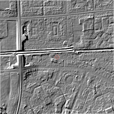 Shaded relief map of the ground around M201GU, computed from Environment Agency LiDAR. The ground here sits at about 32 m above sea level and falls 8 m across the surrounding 800 m. Surface water reaching this point runs off ground lying to the south-west, 0.8 m higher.