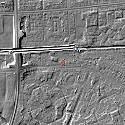 Shaded relief map of the ground around M201GW, computed from Environment Agency LiDAR. The ground here sits at about 32 m above sea level and falls 8 m across the surrounding 800 m. Surface water reaching this point runs off ground lying to the south-east, 3.9 m higher.