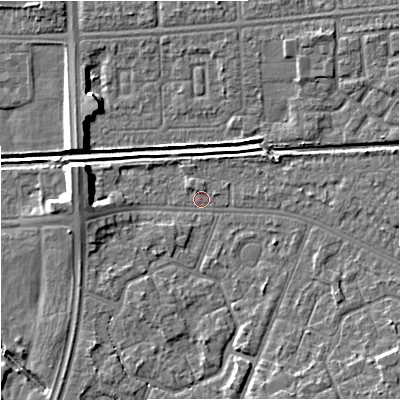 Shaded relief map of the ground around M201GX, computed from Environment Agency LiDAR. The ground here sits at about 32 m above sea level and falls 8 m across the surrounding 800 m. Surface water reaching this point runs off ground lying to the south-east, 4.0 m higher.
