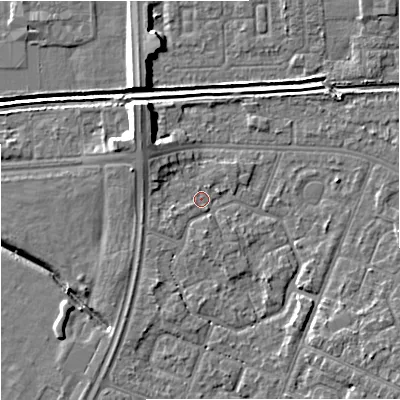 Shaded relief map of the ground around M201GZ, computed from Environment Agency LiDAR. The ground here sits at about 32 m above sea level and falls 9 m across the surrounding 800 m. Surface water reaching this point runs off ground lying to the south, 1.4 m higher.
