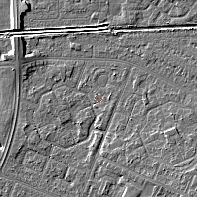 Shaded relief map of the ground around M201PA, computed from Environment Agency LiDAR. The ground here sits at about 32 m above sea level and falls 8 m across the surrounding 800 m. Surface water reaching this point runs off ground lying to the south-south-east, 1.1 m higher.