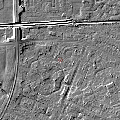Shaded relief map of the ground around M201PB, computed from Environment Agency LiDAR. The ground here sits at about 32 m above sea level and falls 8 m across the surrounding 800 m. Surface water reaching this point runs off ground lying to the south-south-east, 1.6 m higher.
