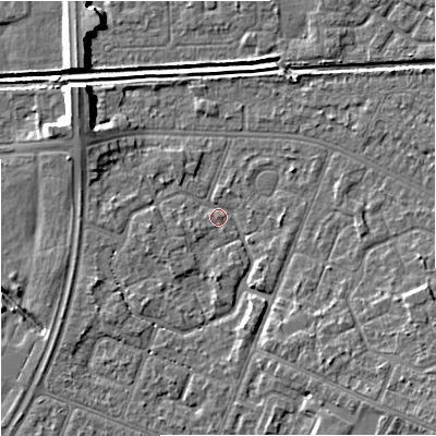 Shaded relief map of the ground around M201PE, computed from Environment Agency LiDAR. The ground here sits at about 32 m above sea level and falls 8 m across the surrounding 800 m. Surface water reaching this point runs off ground lying to the south-east, 1.6 m higher.