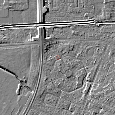 Shaded relief map of the ground around M201PF, computed from Environment Agency LiDAR. The ground here sits at about 32 m above sea level and falls 9 m across the surrounding 800 m. Surface water reaching this point runs off ground lying to the south-south-east, 1.1 m higher.